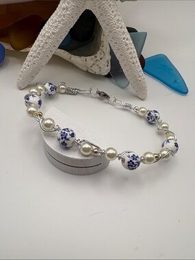 Pearl & Blue Floral Ceramic Bead Bracelet